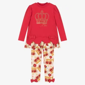 Red Cotton Crown Leggings Set for Girls