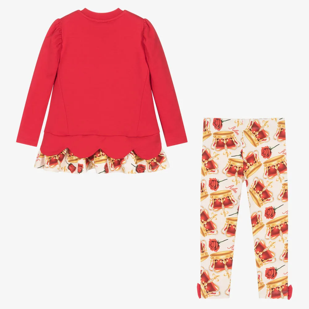 Red Cotton Crown Leggings Set for Girls