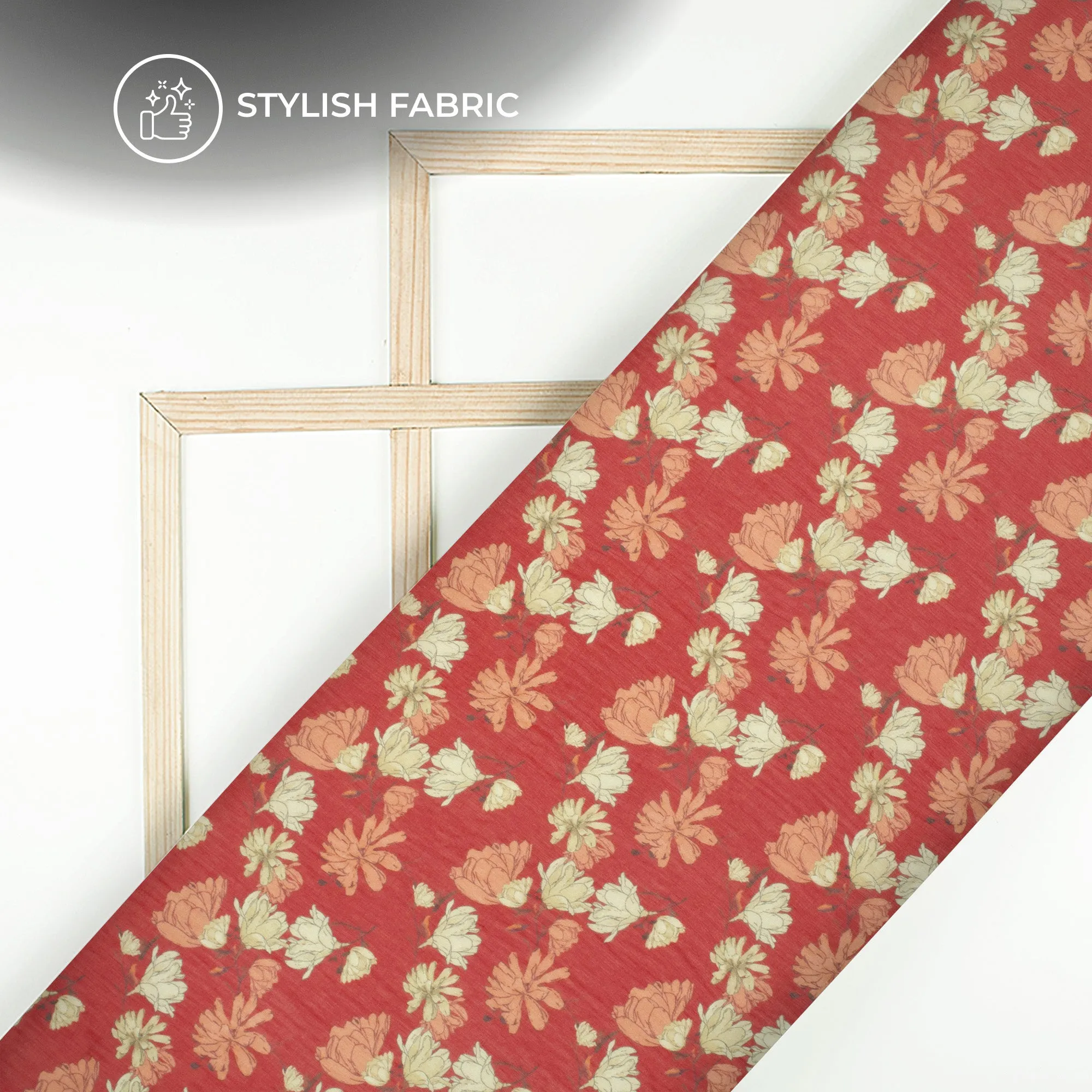 Red Floral Bemberg Chiffon Fabric with Digital Print