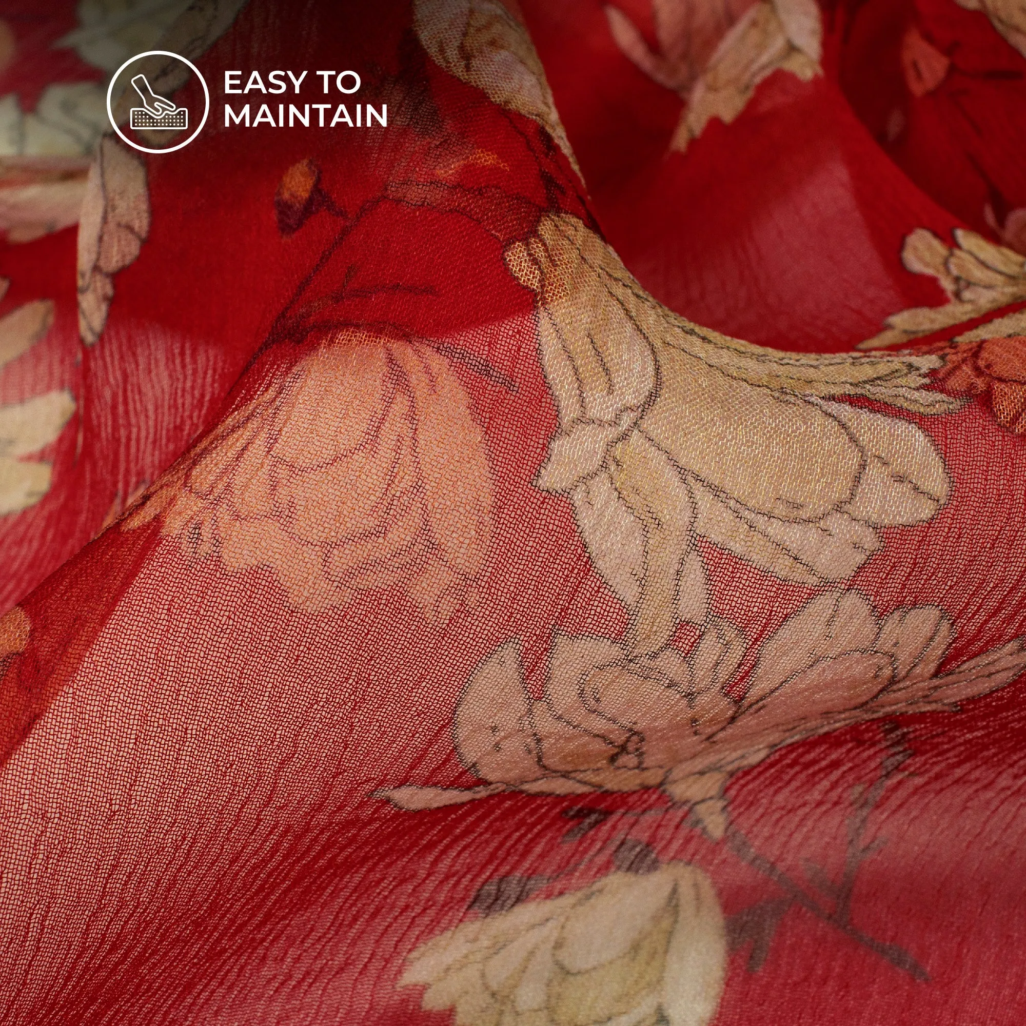 Red Floral Bemberg Chiffon Fabric with Digital Print