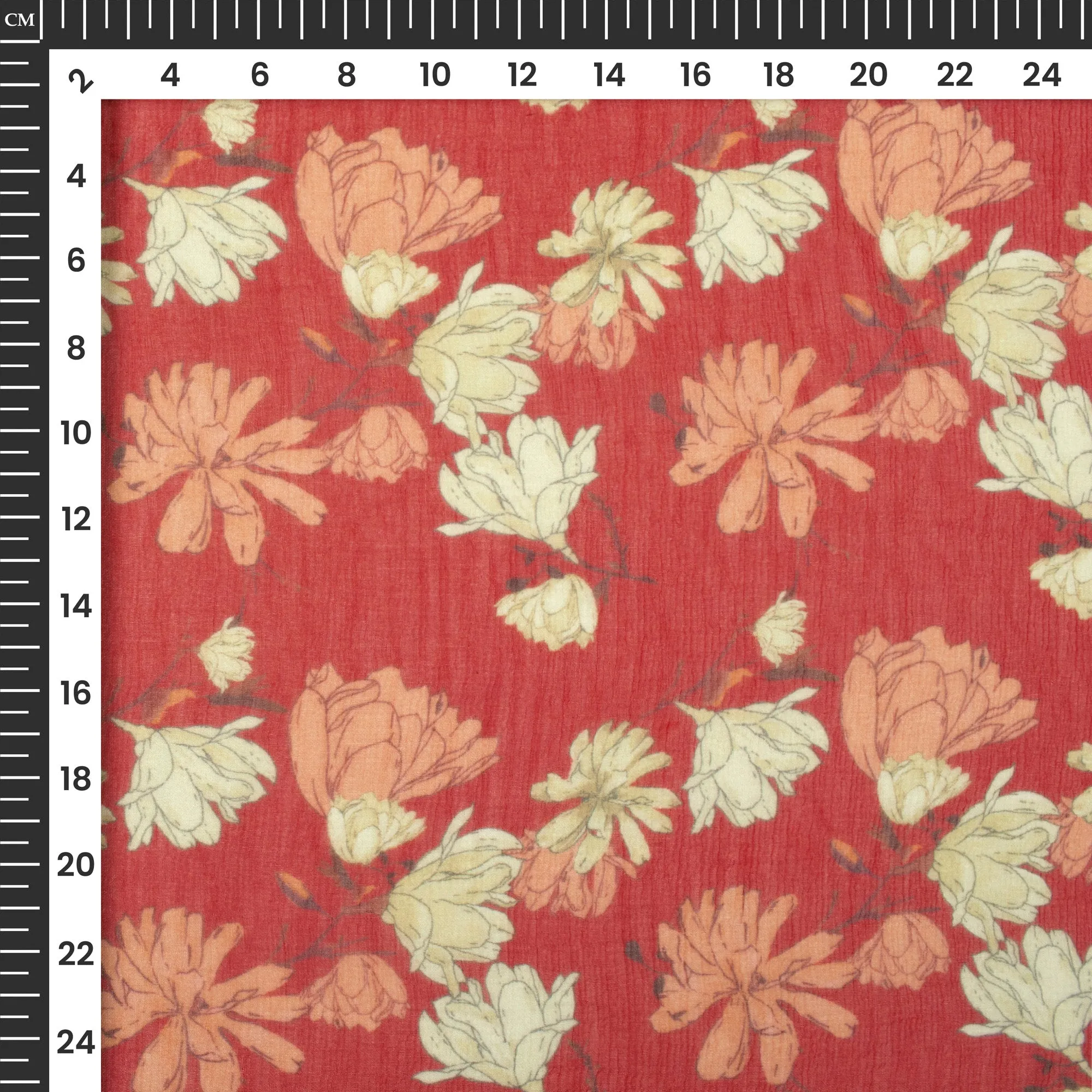 Red Floral Bemberg Chiffon Fabric with Digital Print