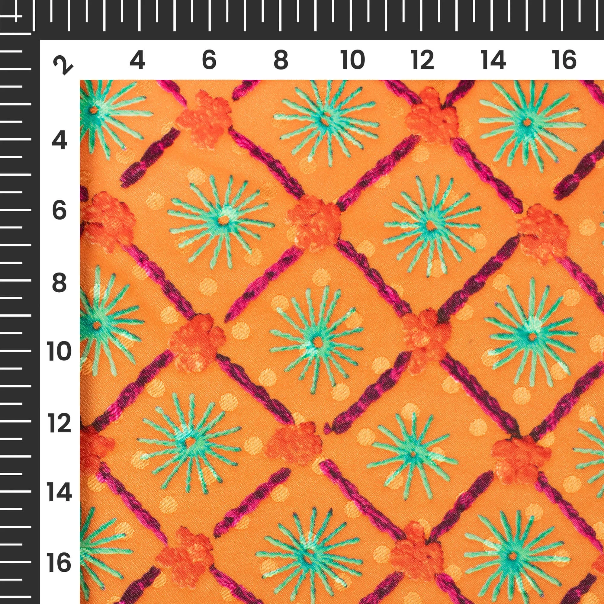 Royal Orange Green Gamthi Pattern Digital Print Jacquard Booti Japan Satin Fabric 56 Inches Width