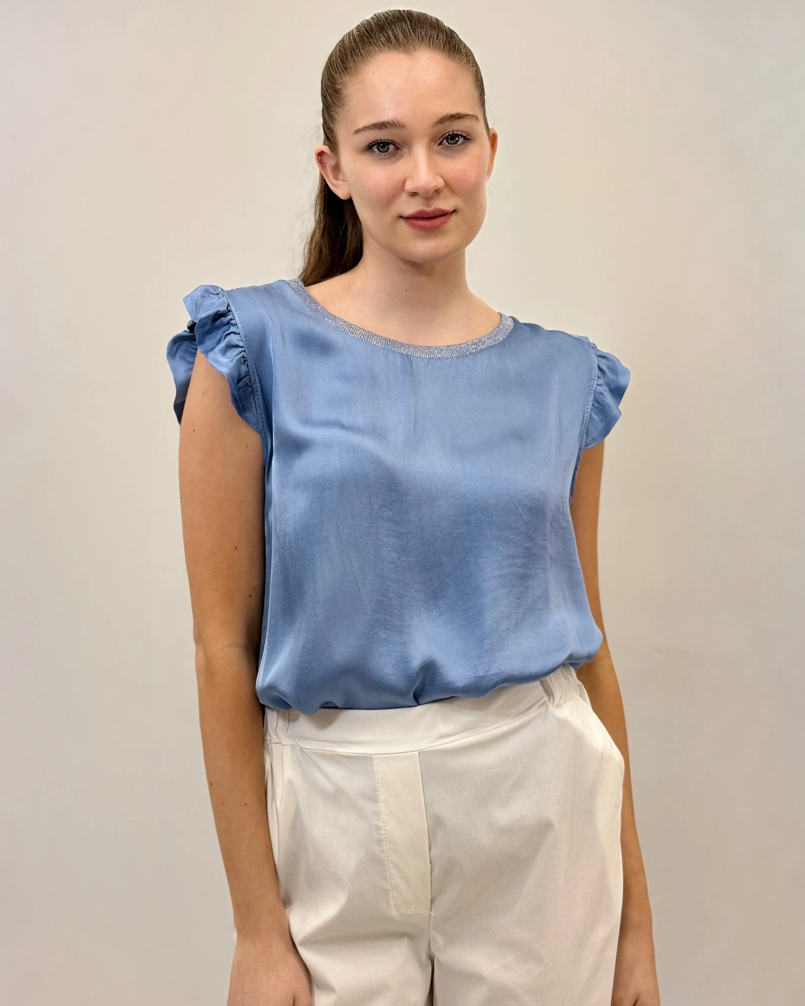 Satin blouse with ruffled sleeves