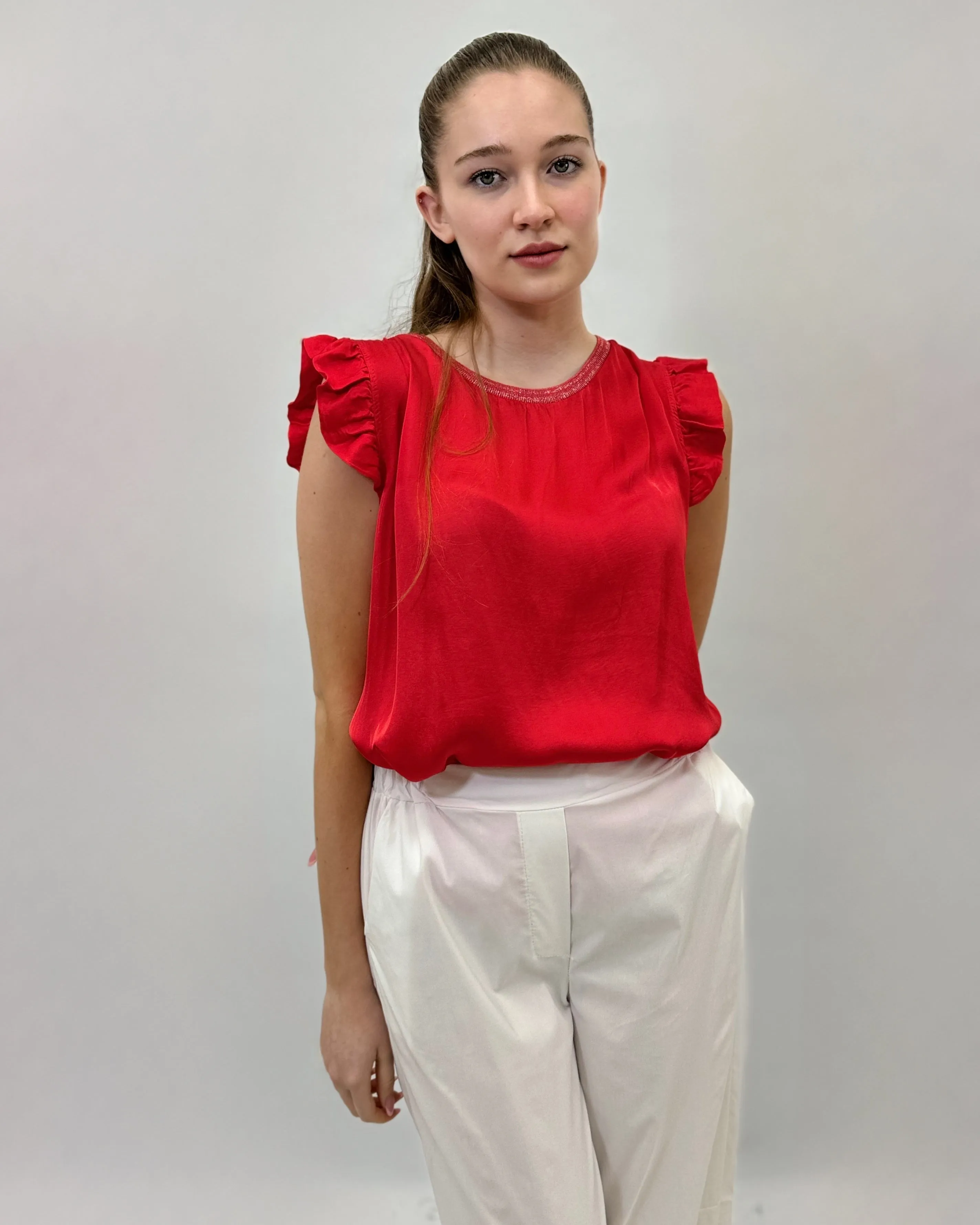 Satin blouse with ruffled sleeves