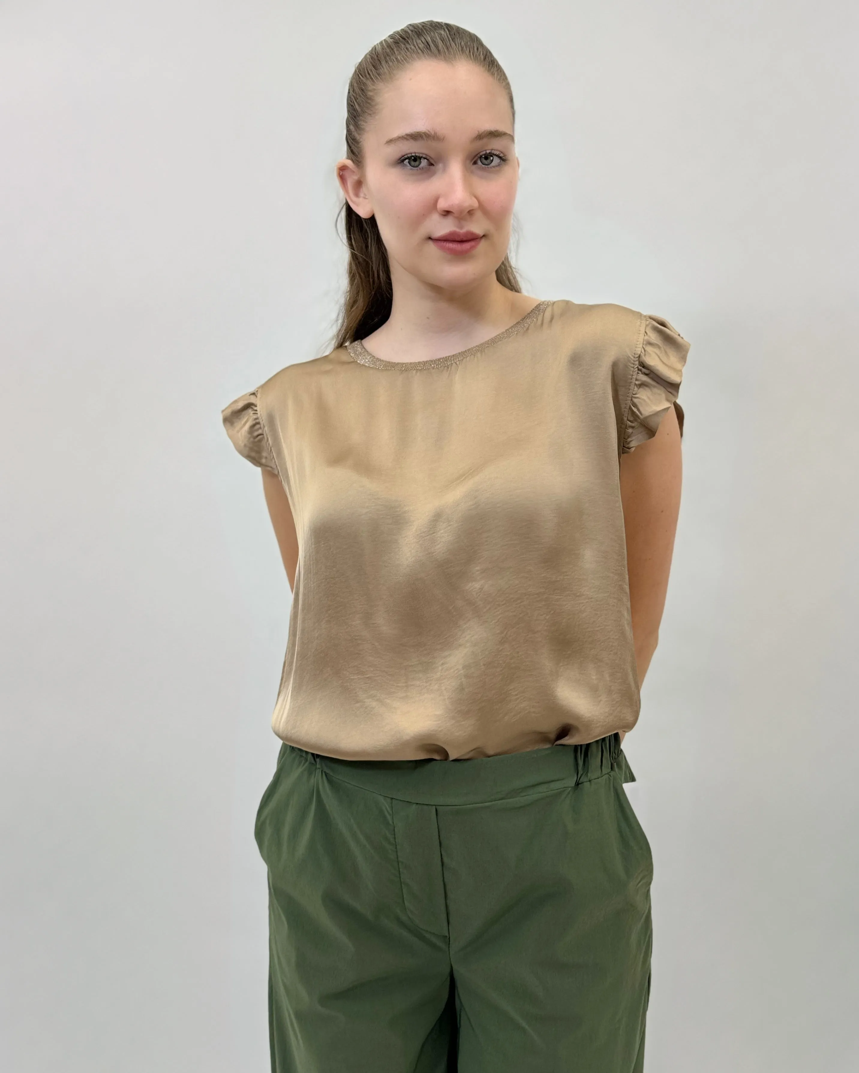 Satin blouse with ruffled sleeves