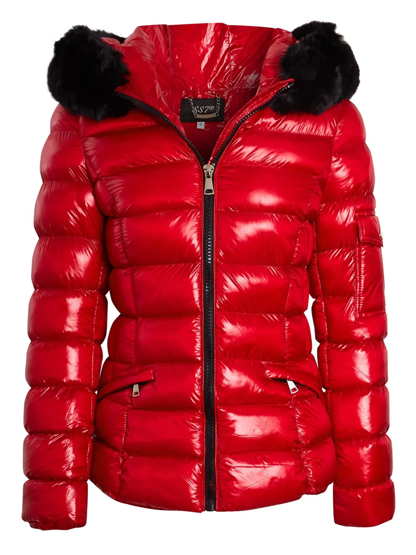 Red and Black Shiny Winter Coat with Faux Fur in UK Sizes 6 to 14