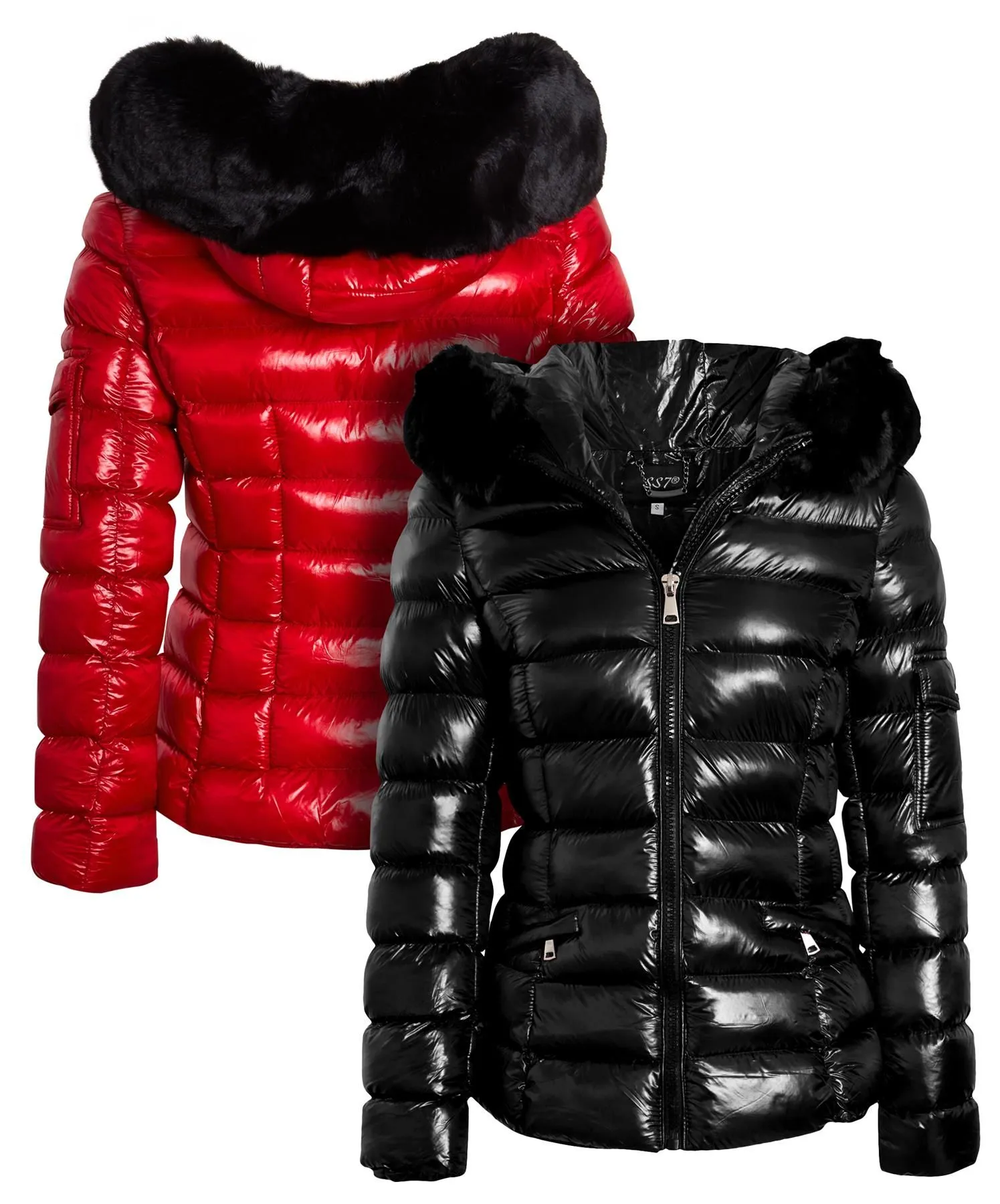 Red and Black Shiny Winter Coat with Faux Fur in UK Sizes 6 to 14