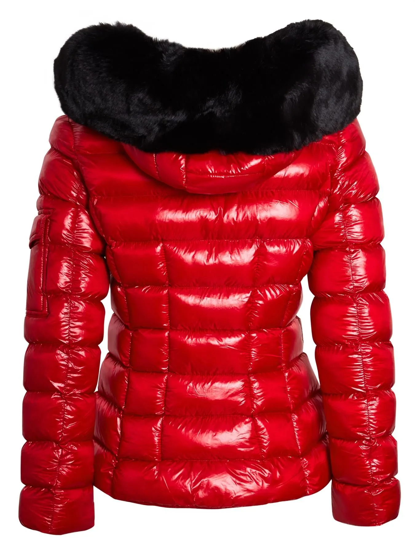 Red and Black Shiny Winter Coat with Faux Fur in UK Sizes 6 to 14