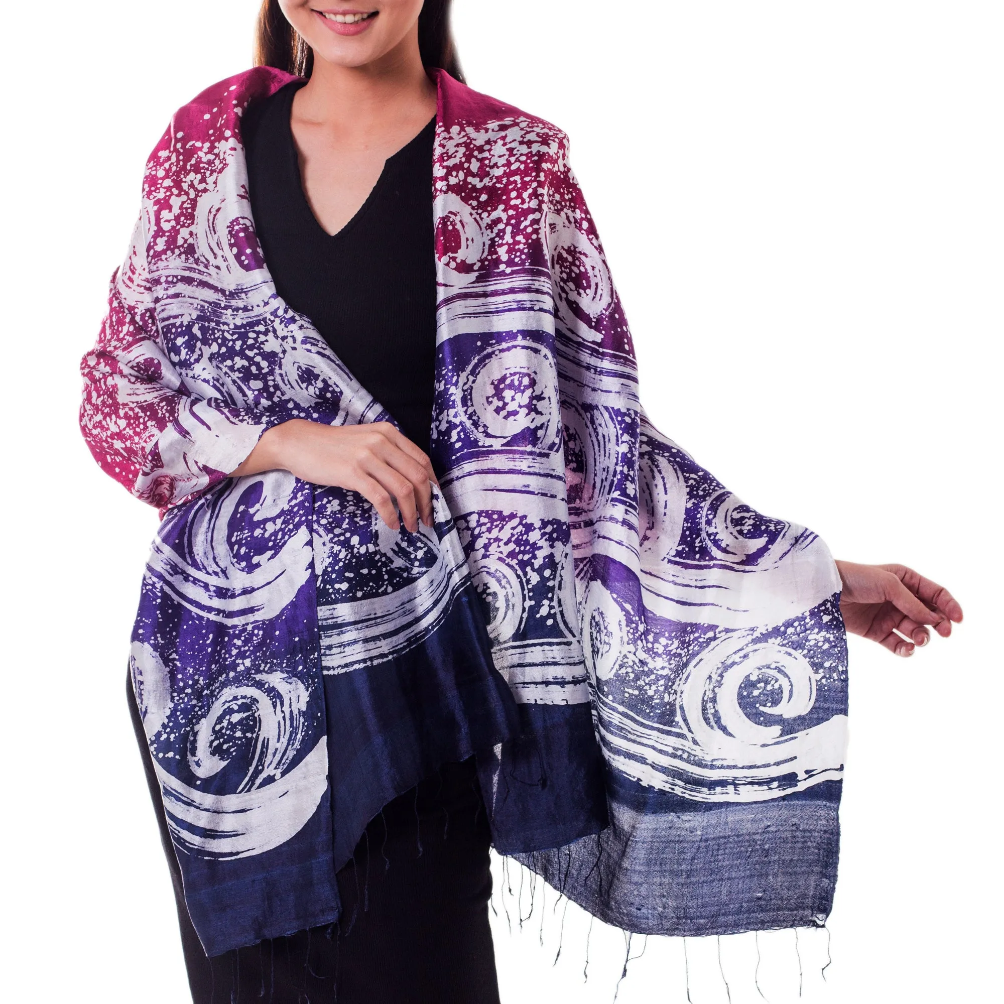 Silk Batik Shawl - Hand Painted Ocean Hyacinth