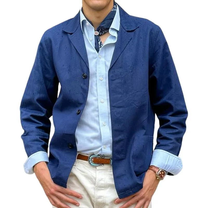 Solid Color Pocket Work Jacket for Men retro casual.