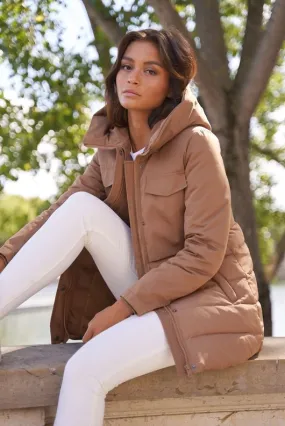 Taupe Tiered Puffer Coat with Hood - Shop Now.