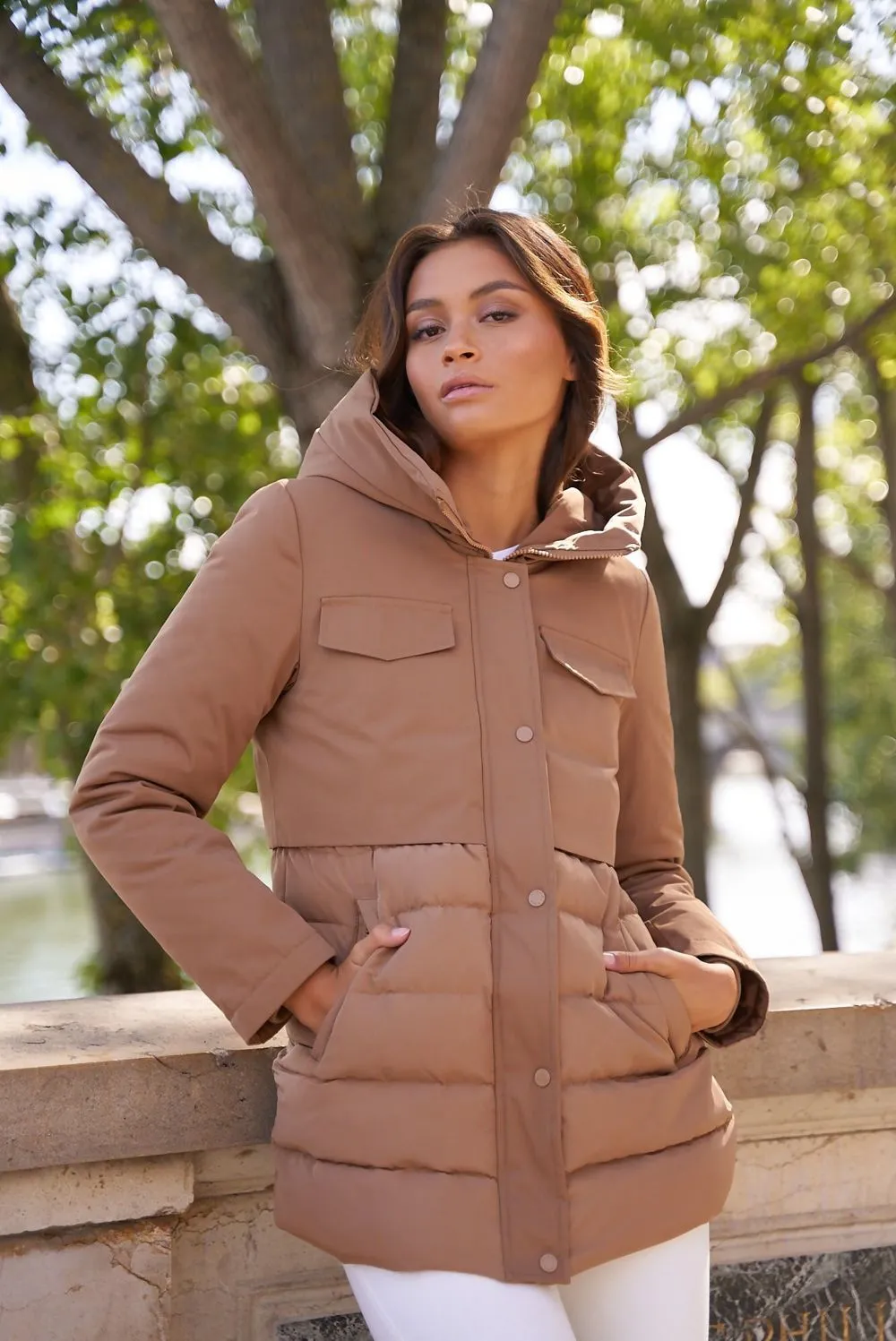 Taupe Tiered Puffer Coat with Hood - Shop Now.