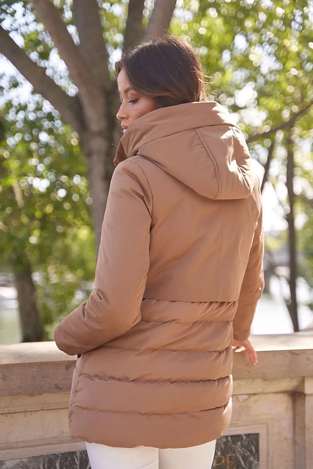 Taupe Tiered Puffer Coat with Hood - Shop Now.