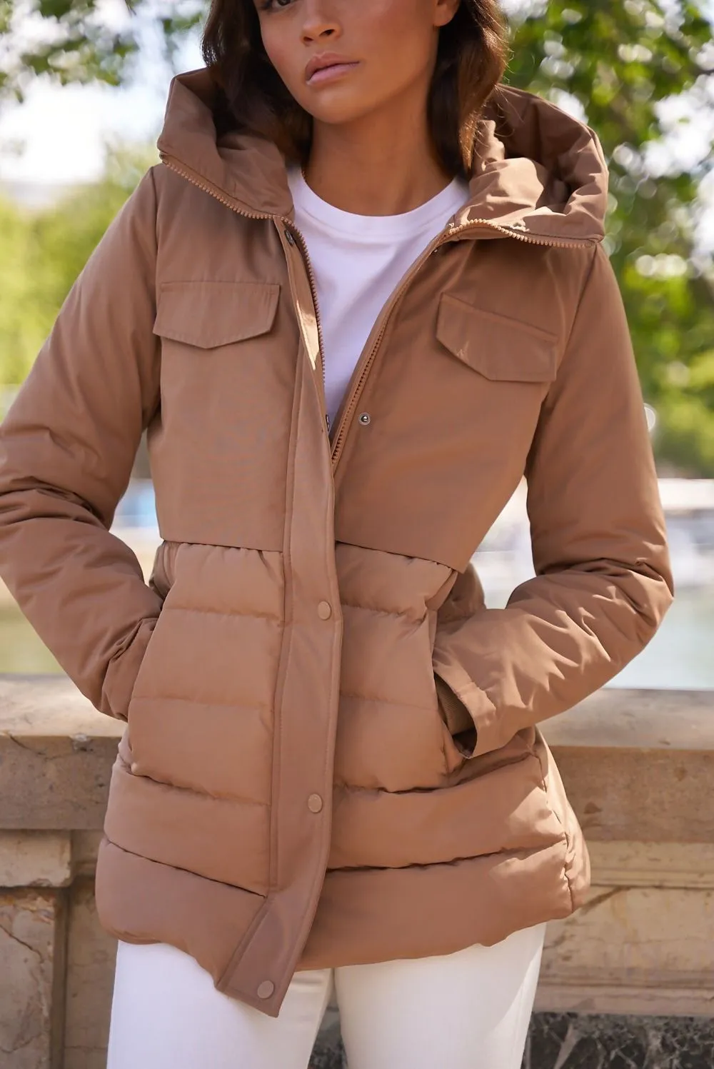 Taupe Tiered Puffer Coat with Hood - Shop Now.