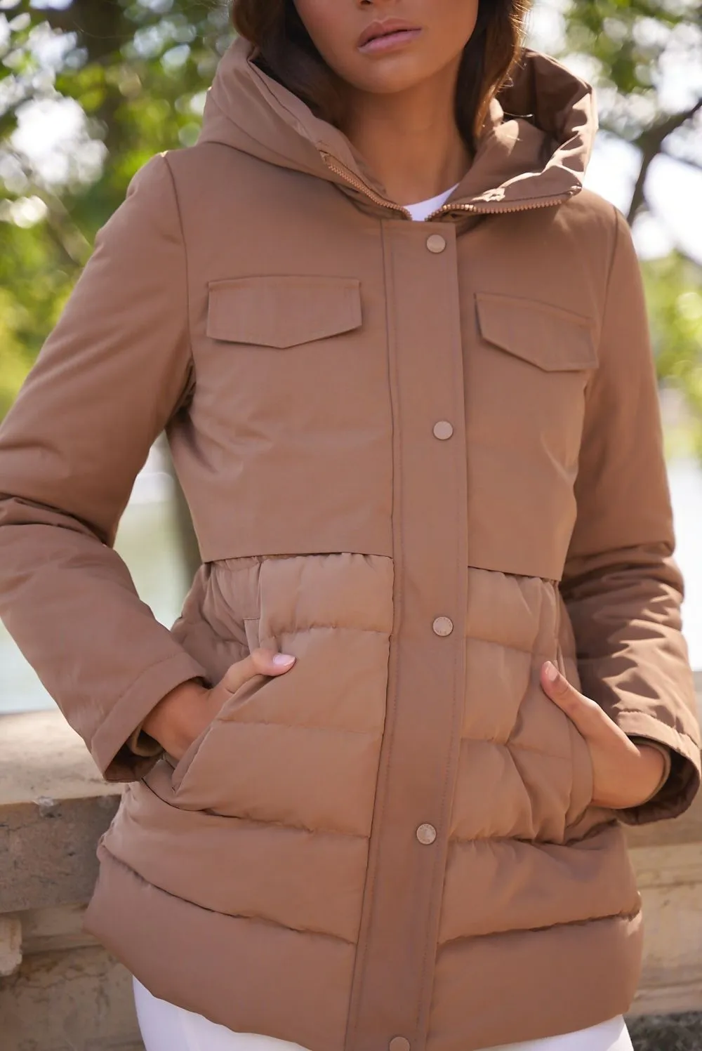 Taupe Tiered Puffer Coat with Hood - Shop Now.