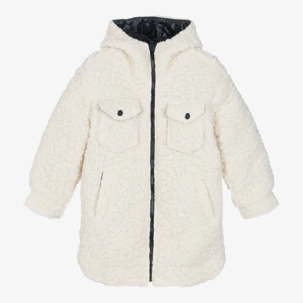 Teen Girls Ivory Hooded Fleece Coat - White Winter Jacket for Girls