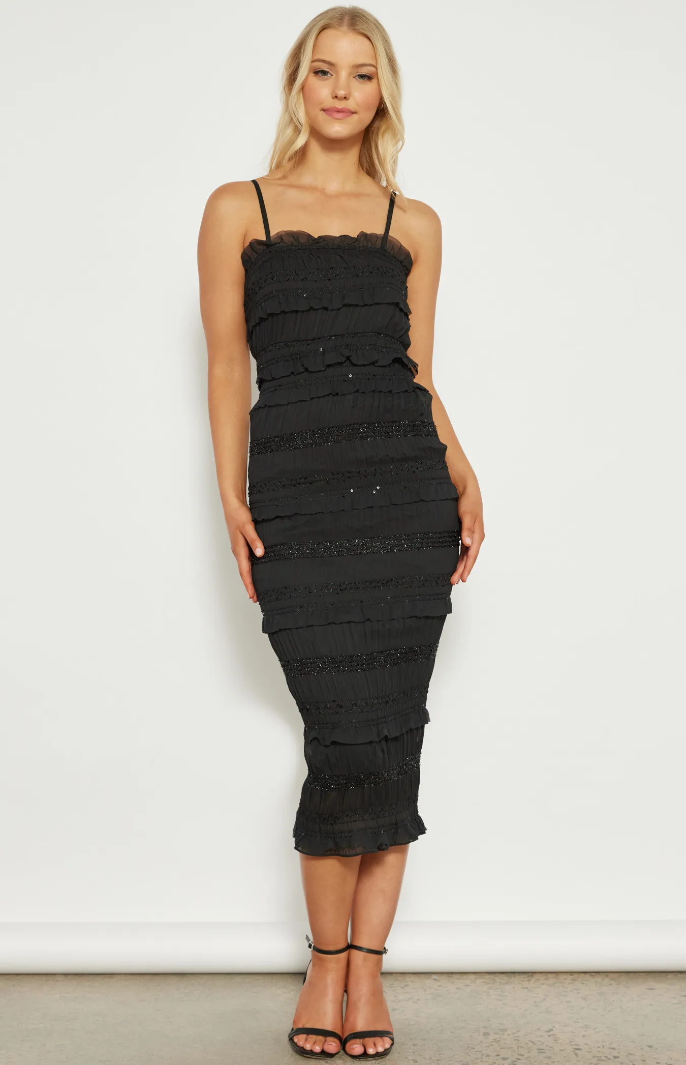 Textured Ruffle Detail Midi Dress