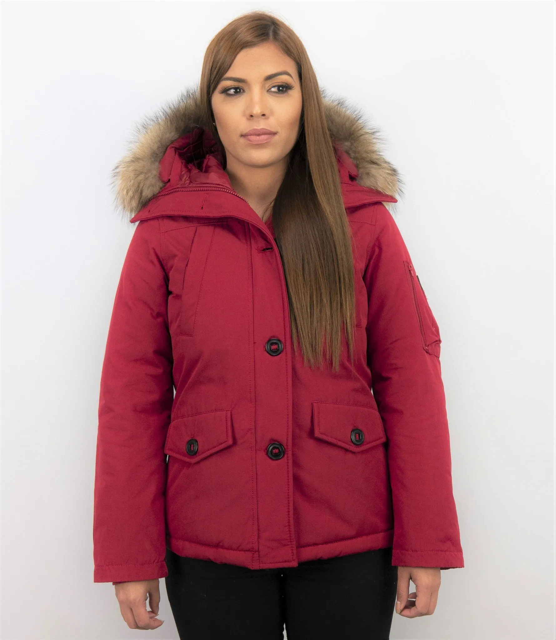 TheBrand Winter Coat Women's Short Red Fur Collar Parka Stitch Bag