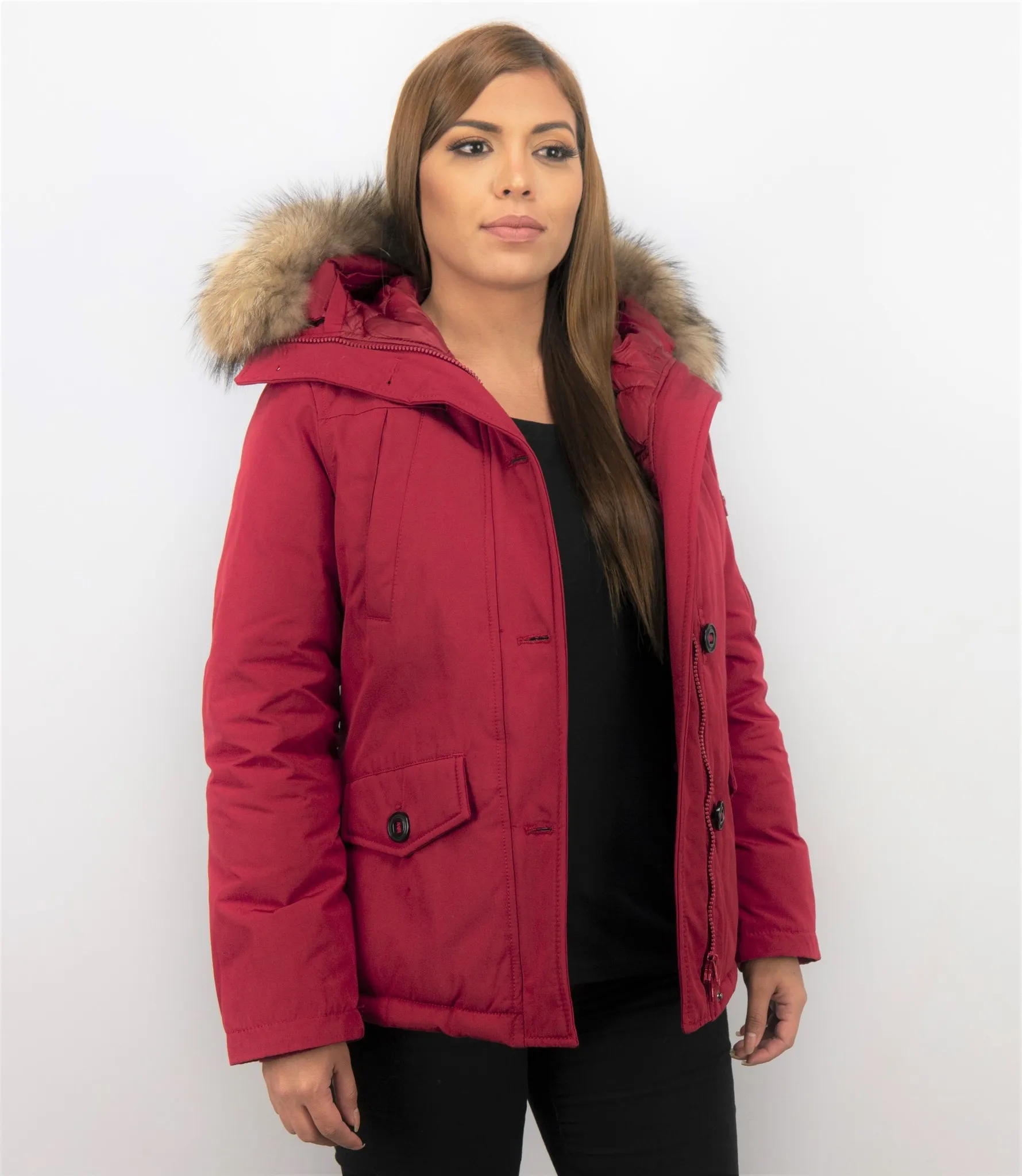 TheBrand Winter Coat Women's Short Red Fur Collar Parka Stitch Bag