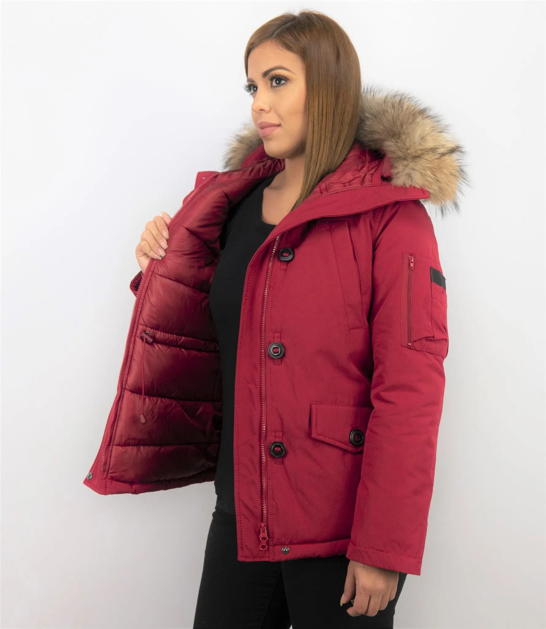 TheBrand Winter Coat Women's Short Red Fur Collar Parka Stitch Bag