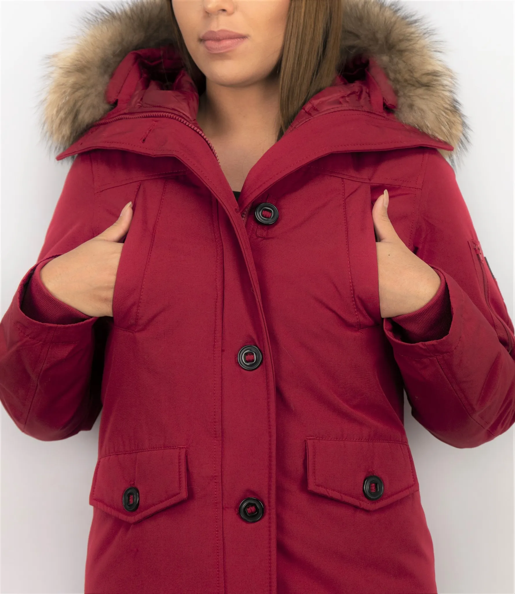 TheBrand Winter Coat Women's Short Red Fur Collar Parka Stitch Bag