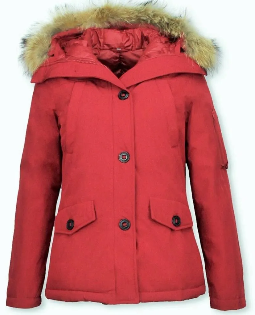 TheBrand Winter Coat Women's Short Red Fur Collar Parka Stitch Bag