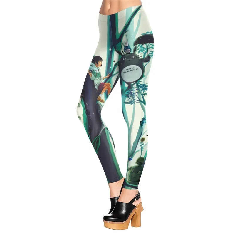 Totoro Design Green and White Leggings for Women with Neighbor Print