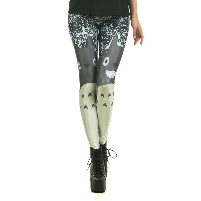 Totoro Design Green and White Leggings for Women with Neighbor Print