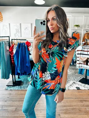 Tropical Black Cap Sleeve Blouse