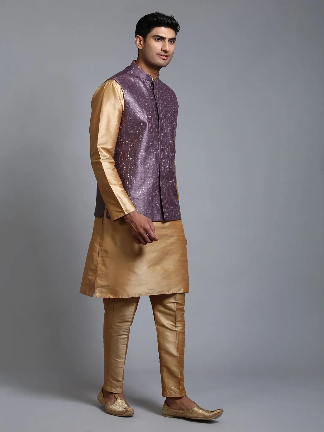 Vastramay Men's Purple Embellished Jacket + Rose Gold Kurta Pant Set