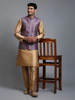 Vastramay Men's Purple Embellished Jacket + Rose Gold Kurta Pant Set