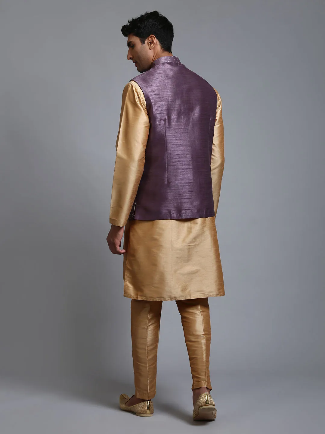 Vastramay Men's Purple Embellished Jacket + Rose Gold Kurta Pant Set