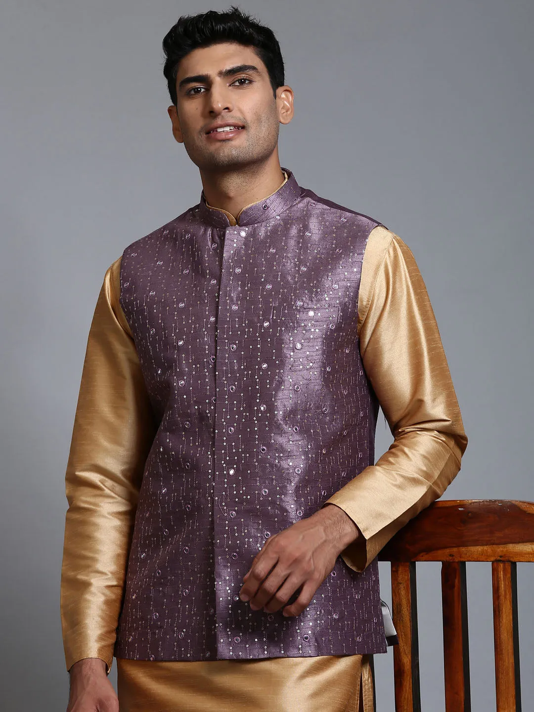 Vastramay Men's Purple Embellished Jacket + Rose Gold Kurta Pant Set