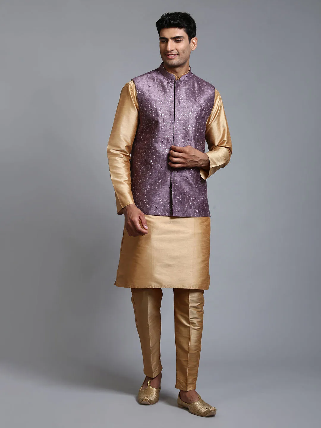 Vastramay Men's Purple Embellished Jacket + Rose Gold Kurta Pant Set