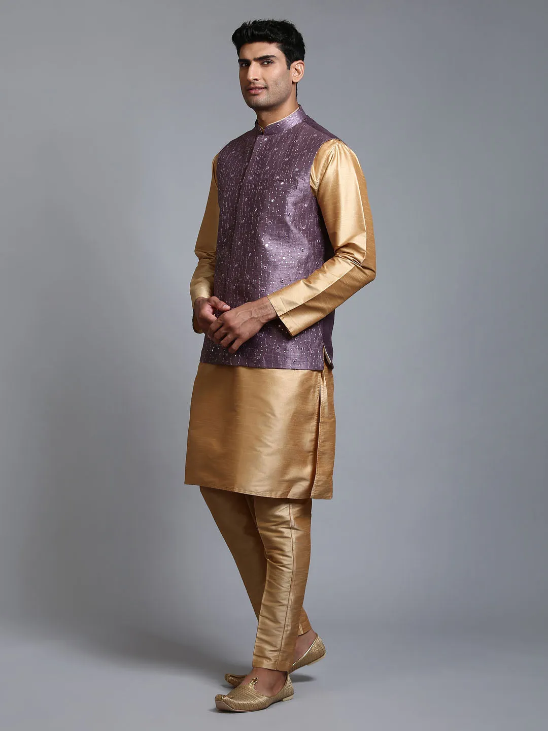 Vastramay Men's Purple Embellished Jacket + Rose Gold Kurta Pant Set