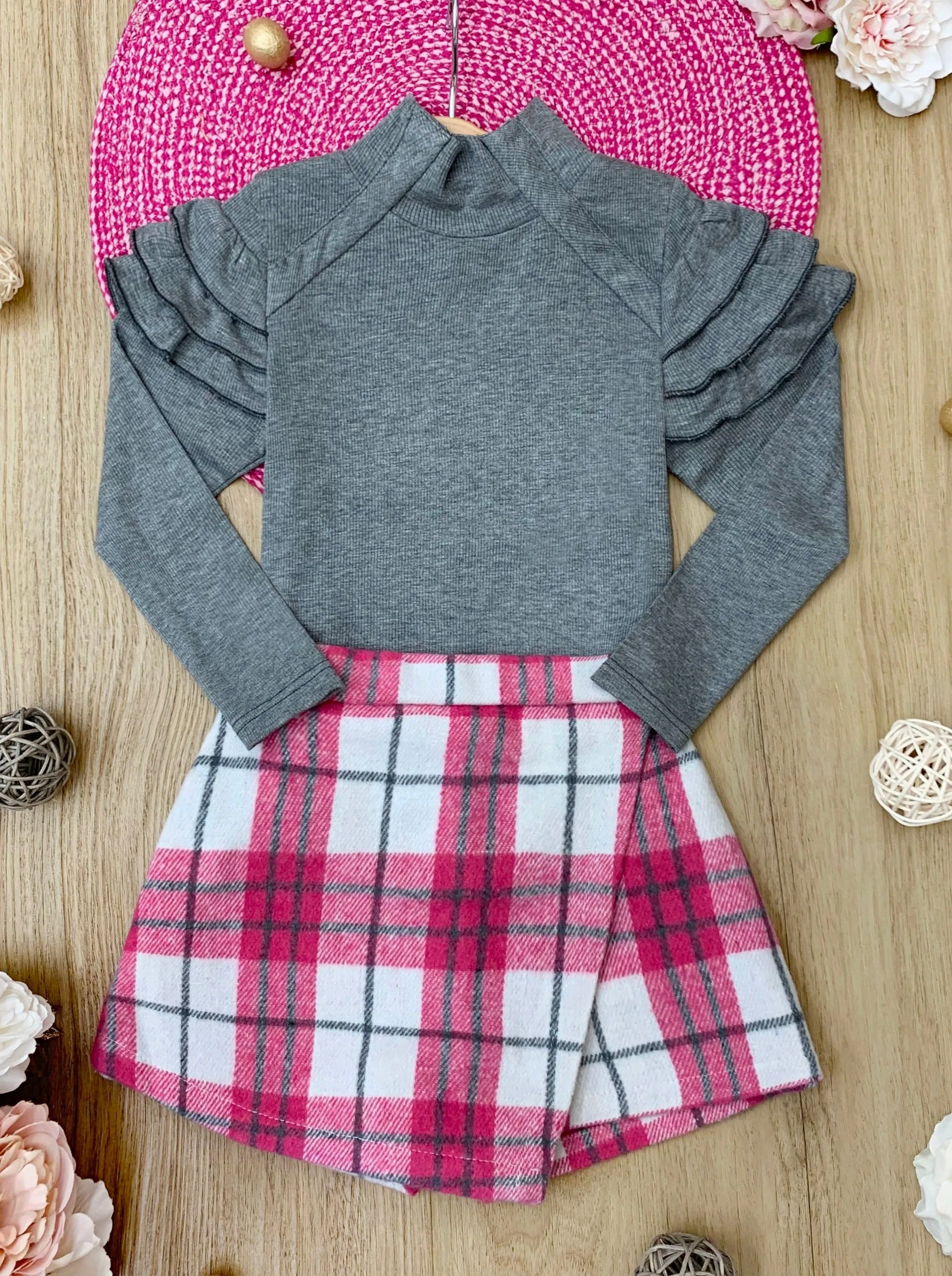 Vogue Ruffle Sleeve Sweater Checkered Skort Set - Shop Now