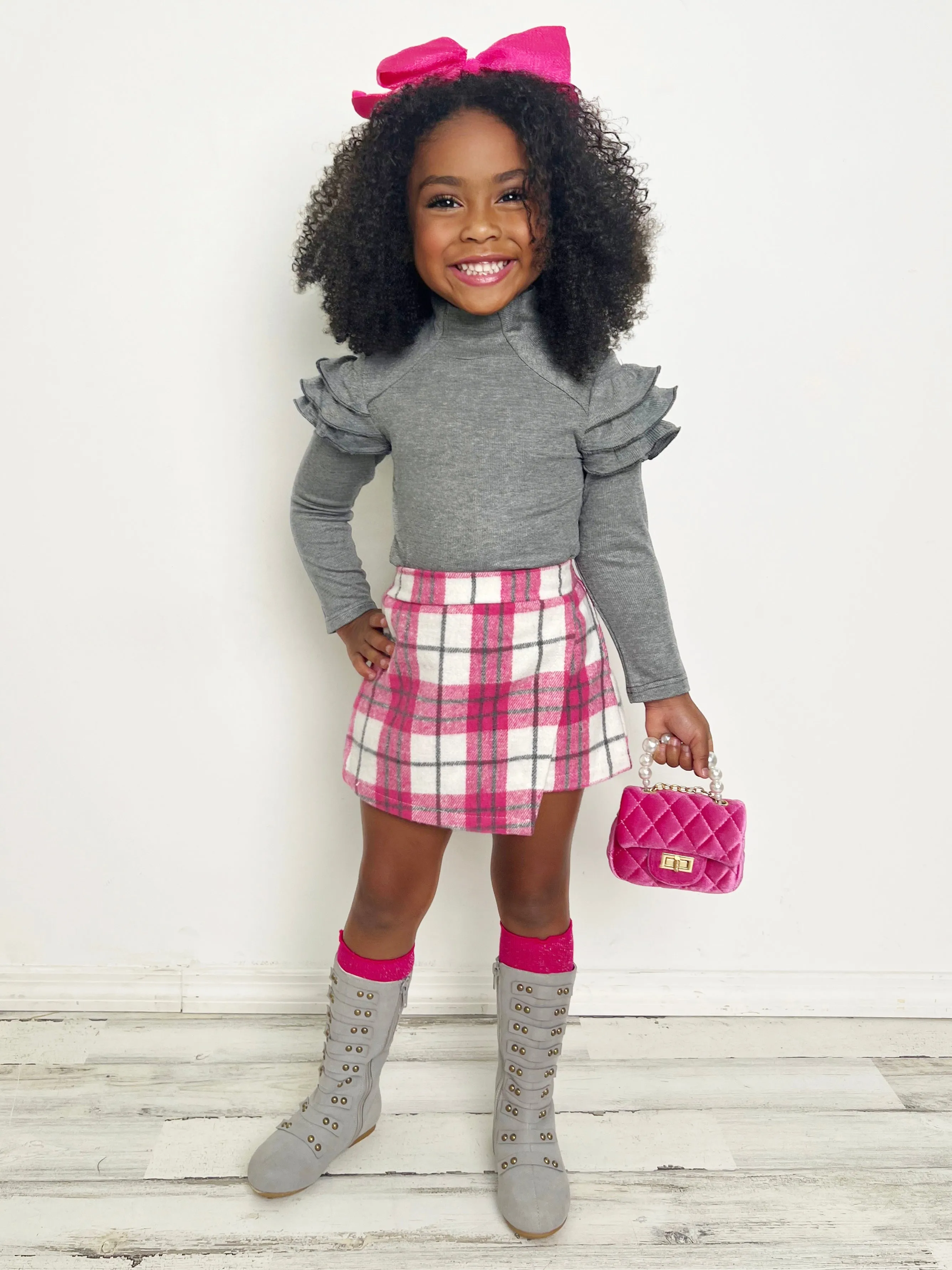 Vogue Ruffle Sleeve Sweater Checkered Skort Set - Shop Now