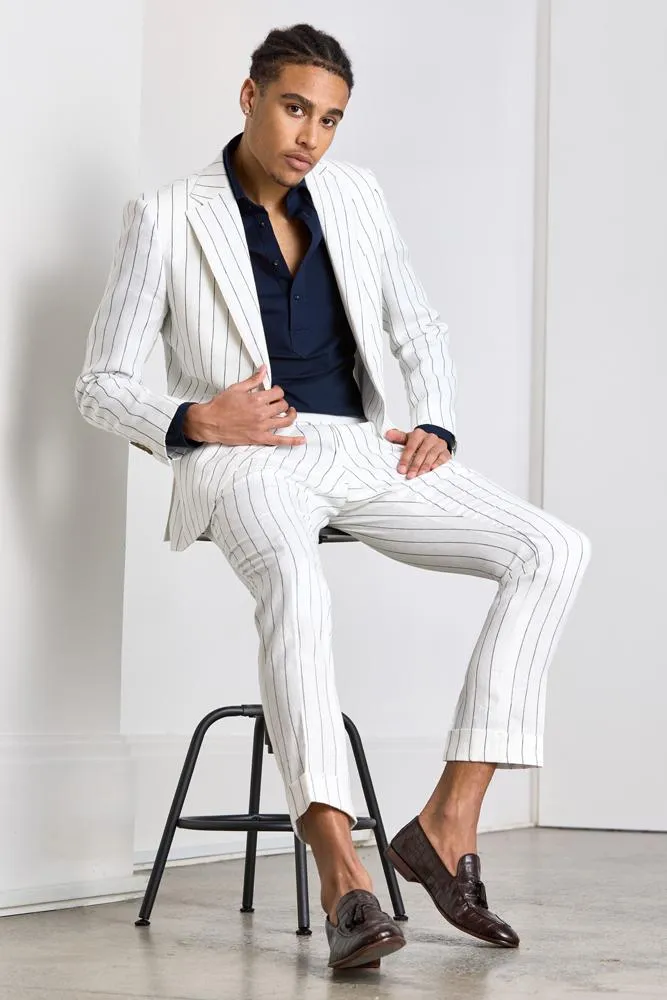 White and Navy Pinstripe Linen Greyson Suit