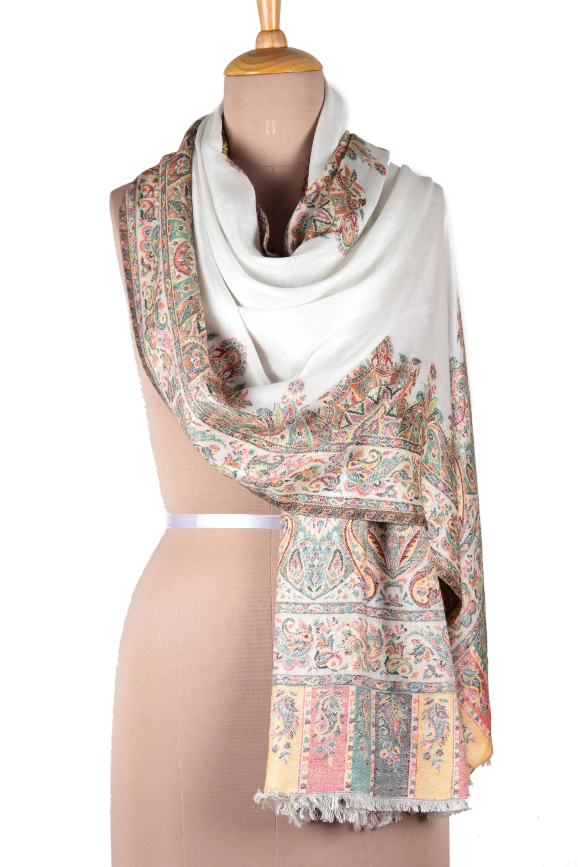 White Mughal Shawl with Multicolored Fresco Motifs