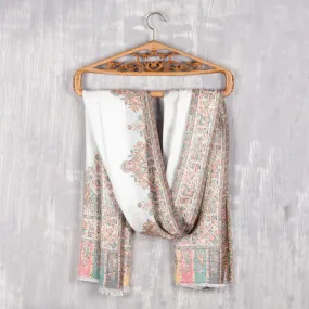 White Mughal Shawl with Multicolored Fresco Motifs