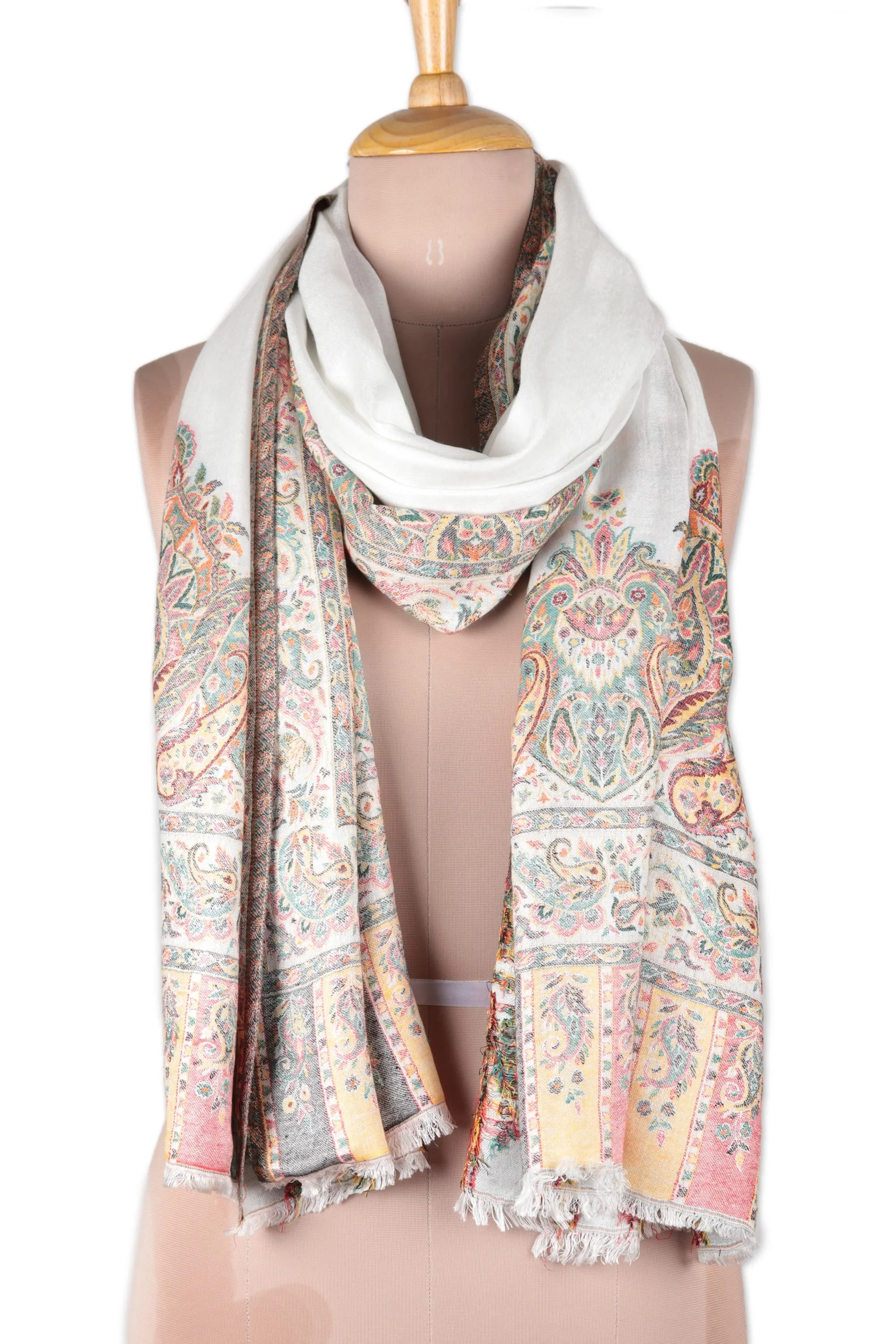 White Mughal Shawl with Multicolored Fresco Motifs