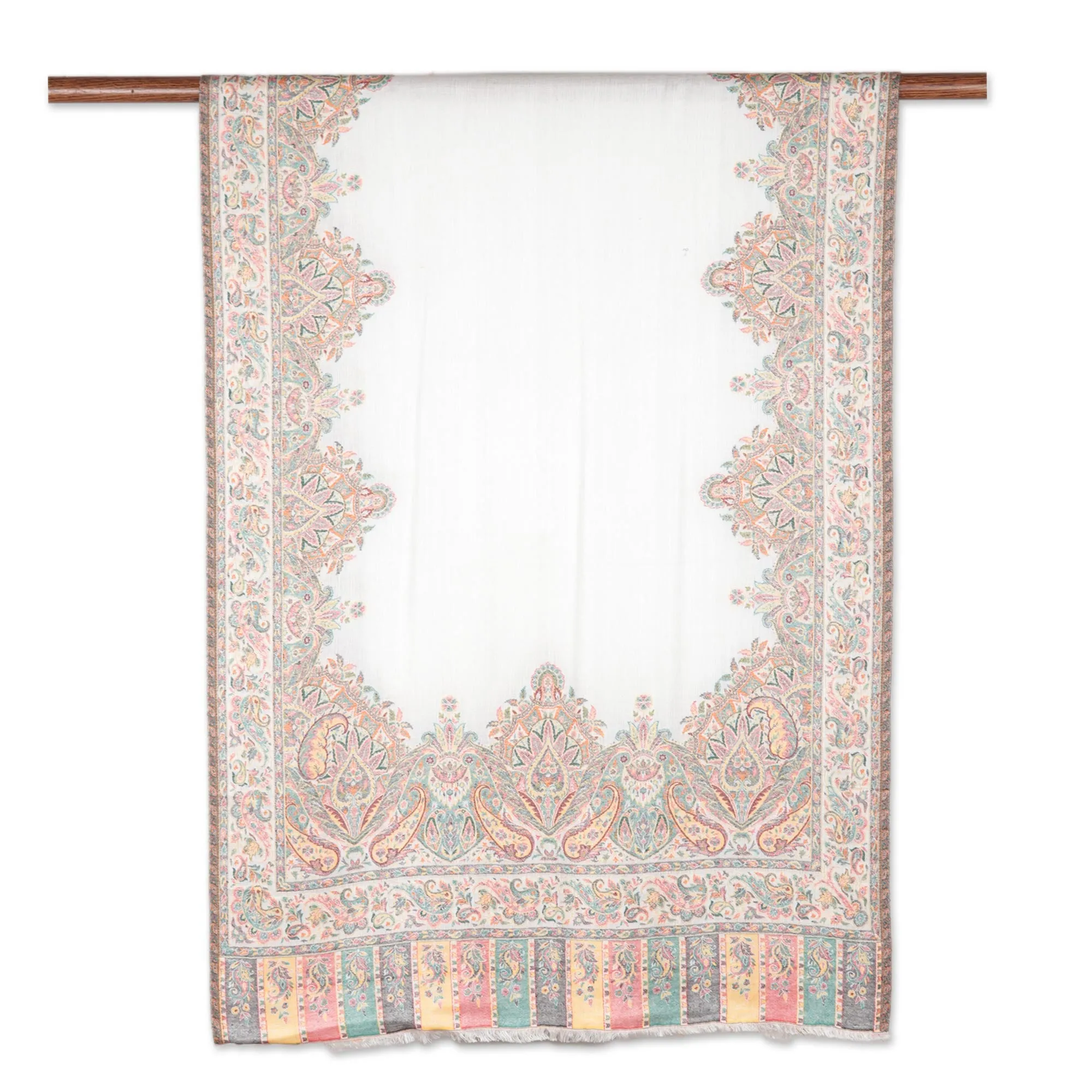 White Mughal Shawl with Multicolored Fresco Motifs