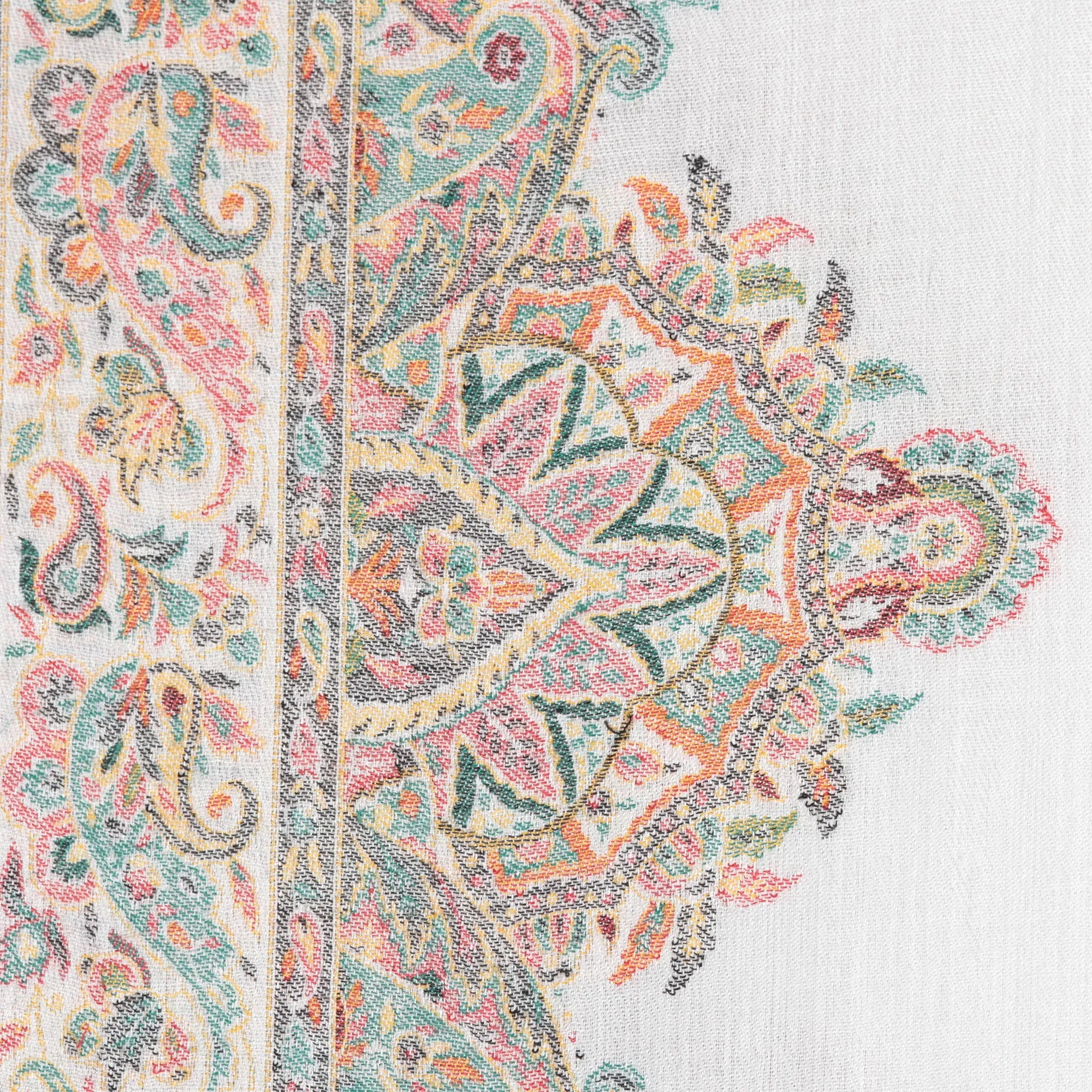 White Mughal Shawl with Multicolored Fresco Motifs