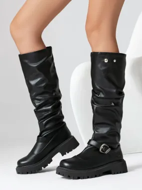 Women's Black Knee High Boots with Round Toe Buckle Detail