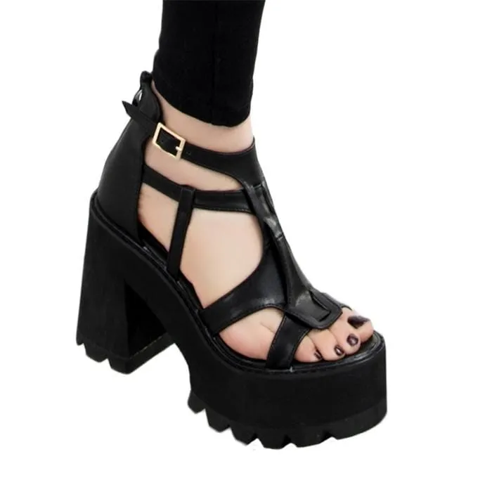 Women's Gothic Punk Cutout Buckles Platform Sandals