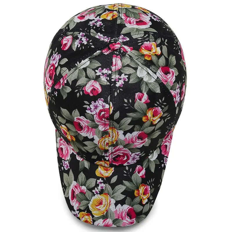 Rose Floral Print Embroidered Sport Baseball Cap for Women's Hip Hop Fashion