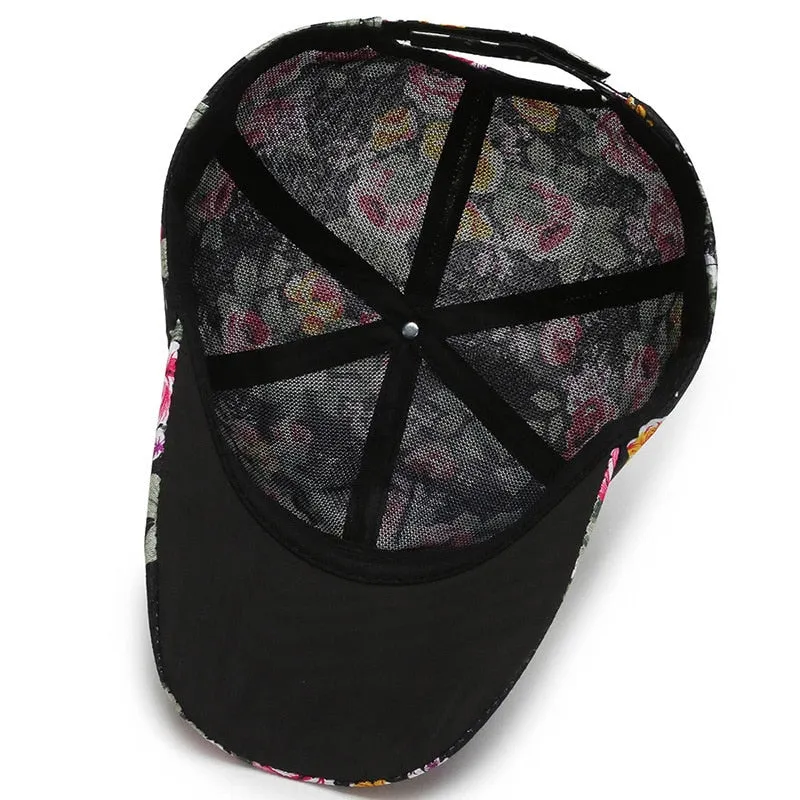 Rose Floral Print Embroidered Sport Baseball Cap for Women's Hip Hop Fashion