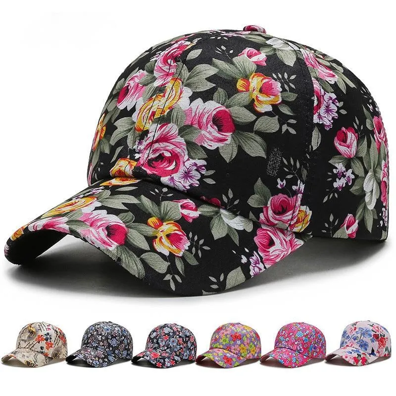 Rose Floral Print Embroidered Sport Baseball Cap for Women's Hip Hop Fashion