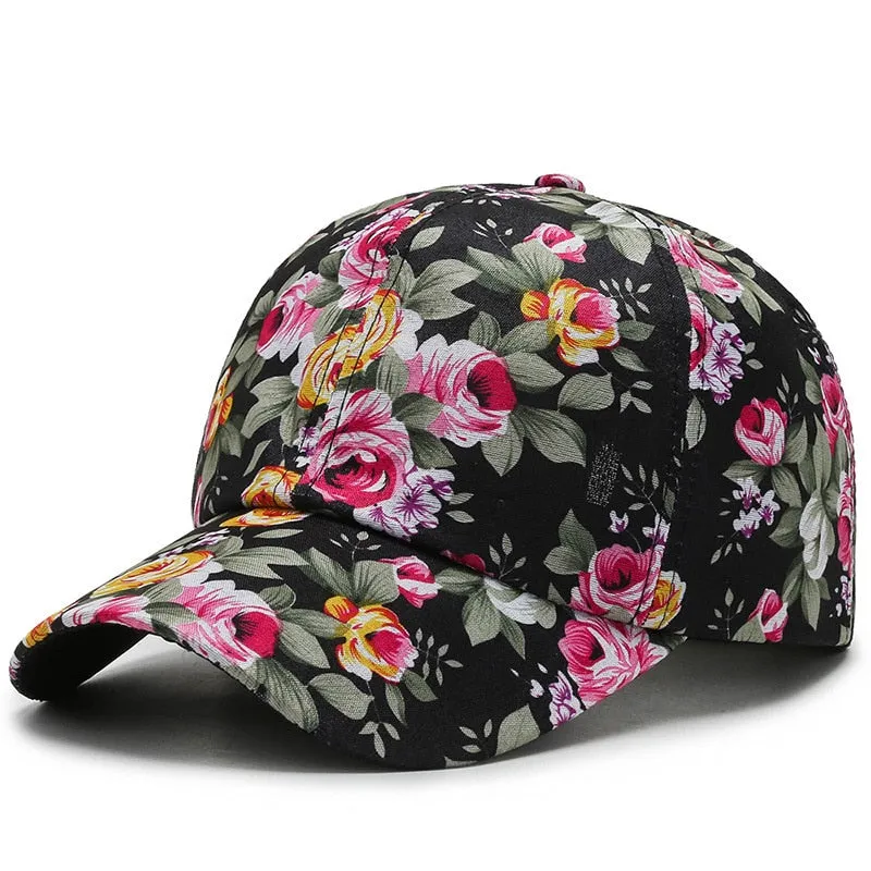 Rose Floral Print Embroidered Sport Baseball Cap for Women's Hip Hop Fashion