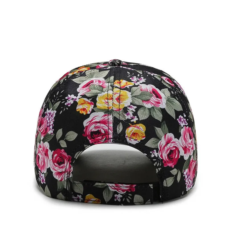 Rose Floral Print Embroidered Sport Baseball Cap for Women's Hip Hop Fashion